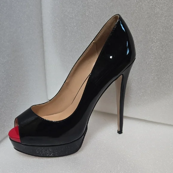 Marumote 6" SHINEY BLACK STILETTOS W/ RED PEEP VALENTINE'S DIVA 9.5 - Picture 10 of 17